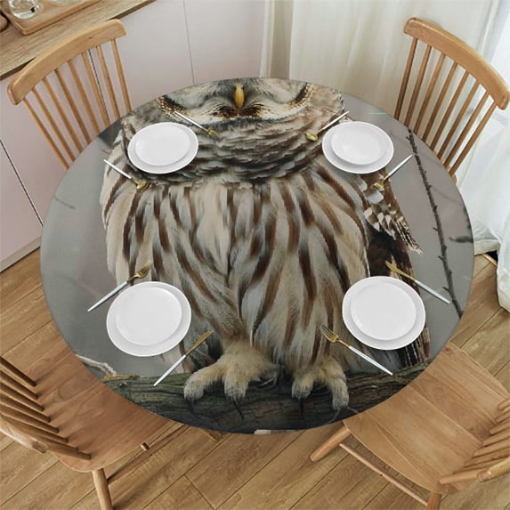 WYYP Owl Tree Branch Forest Round Tablecloth 100% Polyester Fiber Table Cloth White