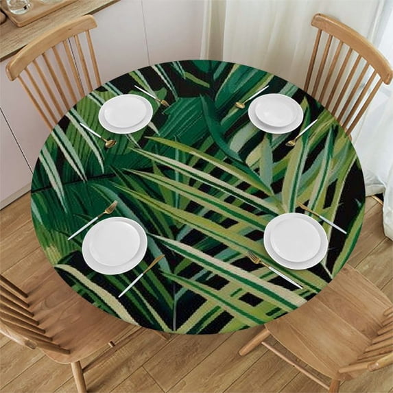 WYYP Palm Leaf Jungle Round Table Cloth 100% Polyester Fiber Washable for Home Kitchen Outdoor Decoration White