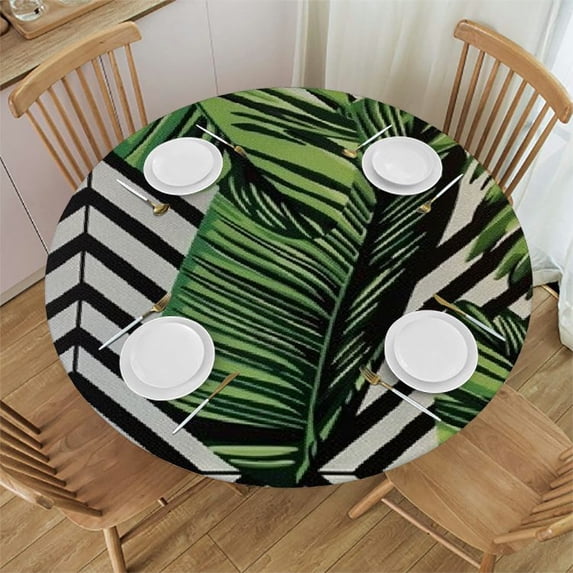WYYP Palm Leaf Pattern Round Table Cover 100% Polyester Fiber Great for Home Kitchen/Parties/Holiday Dinner White