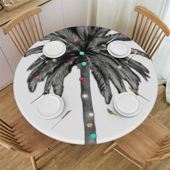 WYYP Palm Tree Round Table Cover Waterproof Resistant Fabric 100% Polyester Fiber Tablecloth White