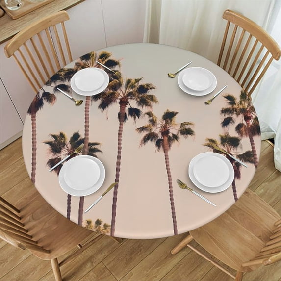 WYYP Palm Trees Round Tablecloth Waterproof Resistant Fabric 100% Polyester Fiber Great for Home Kitchen/Parties/Holiday Dinner White