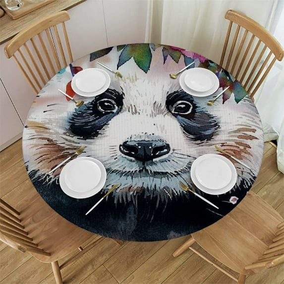 WYYP Panda Bear Flower Crown Kawaii Round Tablecloth Waterproof Resistant Fabric 100% Polyester Fiber White