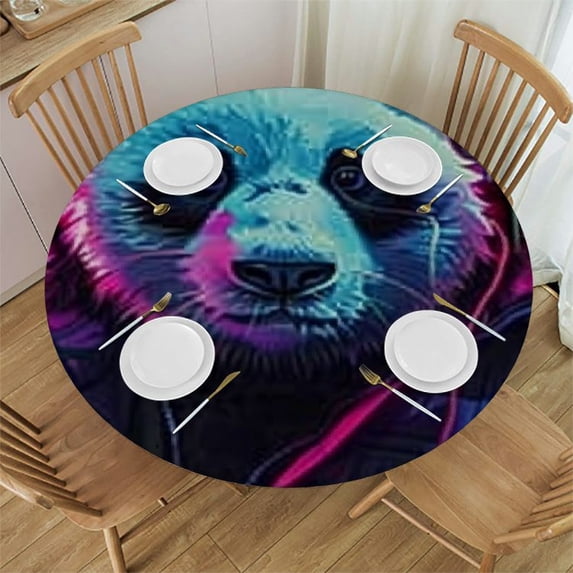 WYYP Panda Bear Neon Synthwave Round Tablecloth Waterproof 100% Polyester Fiber with Elastic Edge White