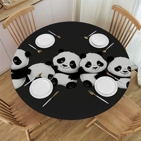 WYYP Pandas Round Tablecloth with Elastic Edge 100% Polyester Fiber Waterproof White
