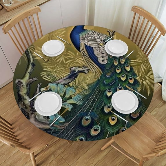 WYYP Peacock Birds Garden Round Tablecloth Waterproof Resistant Fabric 100% Polyester Fiber White