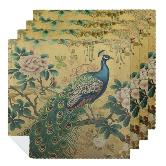 WYYP Peacock Flowers Gold Background Polyester Cloth Napkins for Farmhouse Party Dining Table Decor Party Dinner Decoration Washable Napkins 4 PCS