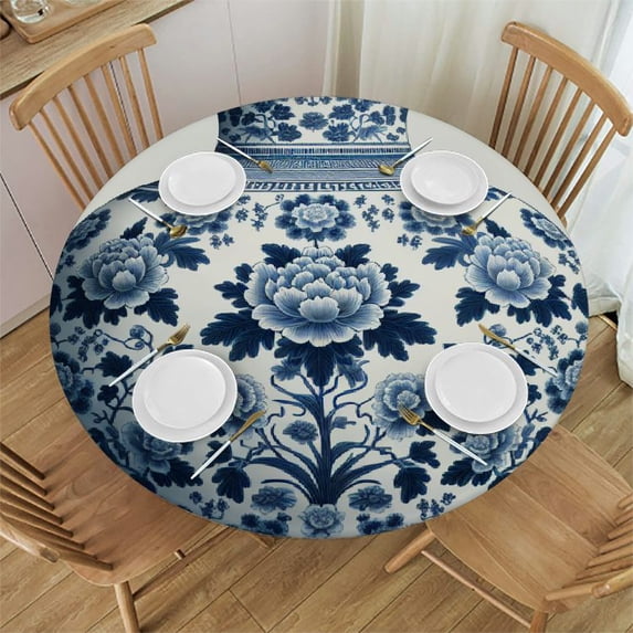 WYYP Peony Flowers Round Tablecloth Waterproof 100% Polyester Fiber Washable for Home Kitchen Outdoor Decoration White