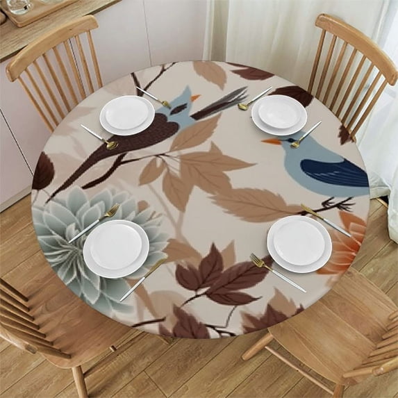 WYYP Plants and Birds Fitted Round Tablecloth, Waterproof Table Cloth with Elastic Edge Table Covers Round Tables for Indoor Outdoor White