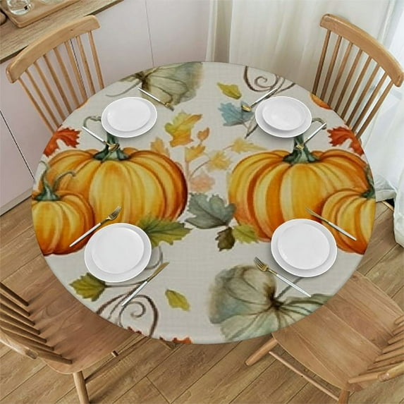 WYYP Pumpkin Elastic Round Tablecloth, Maple Leaf Seasonal Autumn Thanksgiving Fitted Tablecloths for Round Table Oil-Proof Waterproof Table Cloth White