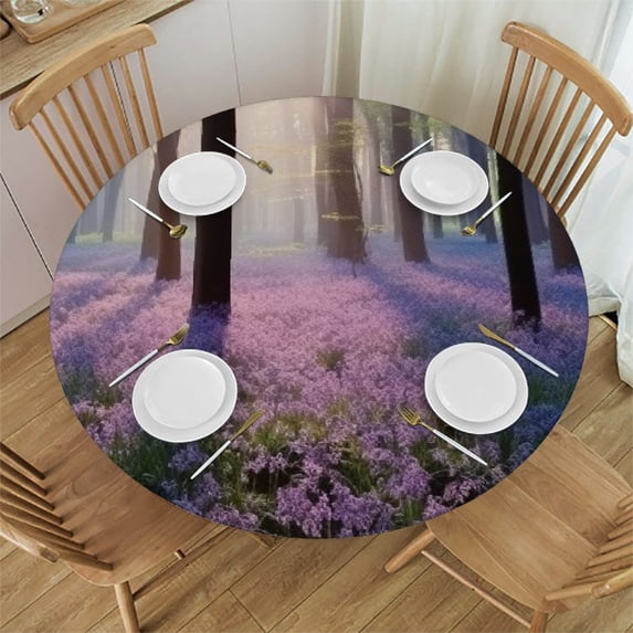 WYYP Purple Flowers Trees Round Tablecloth - Great for Home Kitchen/Parties/Holiday Dinner - 100% Polyester Fiber with Elastic Edge White