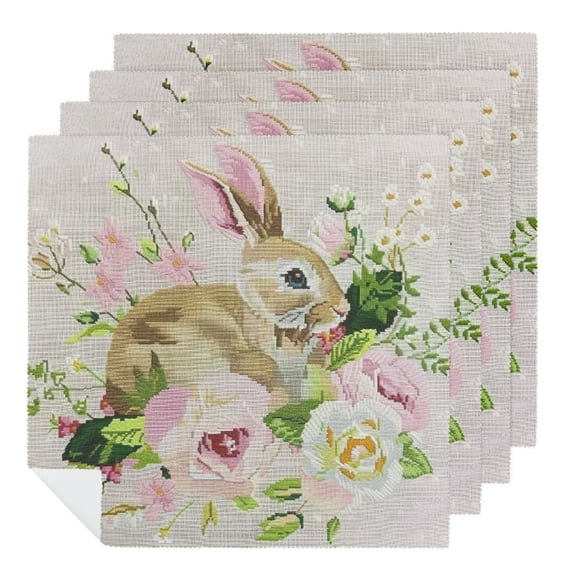 WYYP Rabbit Flowers Pink Rose Cloth Napkin for Farmhouse Party Dining Table Decor Reusable 6 PCS