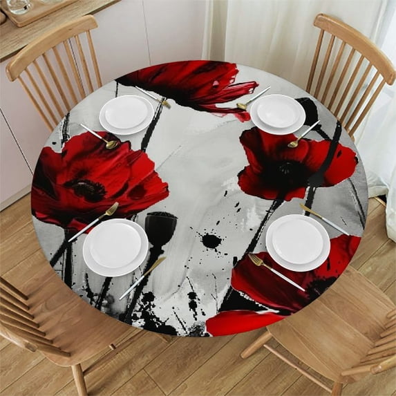 WYYP Red Flowers, Abstract Brush Strokes Round Tablecloth 100% Polyester Table Cover White