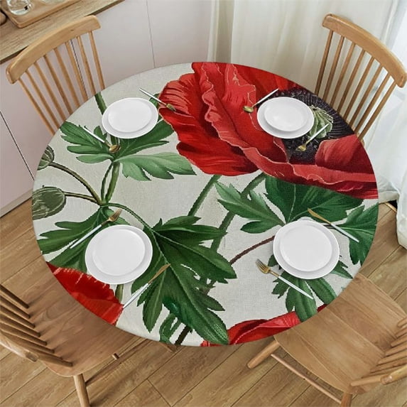 WYYP Red Flowers, Green Leaves Round Table Cover Outdoor Fitted 100% Polyester Fiber White