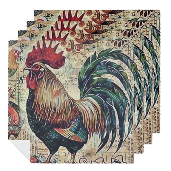 WYYP Rooster Folk Art Detailed Painting Cloth Napkin Reusable 4 PCS