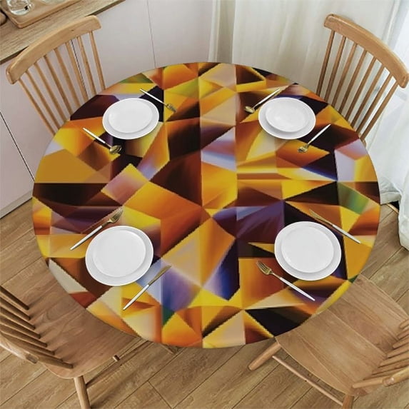 WYYP Round Edge Closing Tablecloth, Abstract Elastic Edged Tablecloth, Cubes and Blocks Geometric Digital Graphic Art, Fit Round Tables, for Outdoor Indoor Use, Black Yellow Brown White