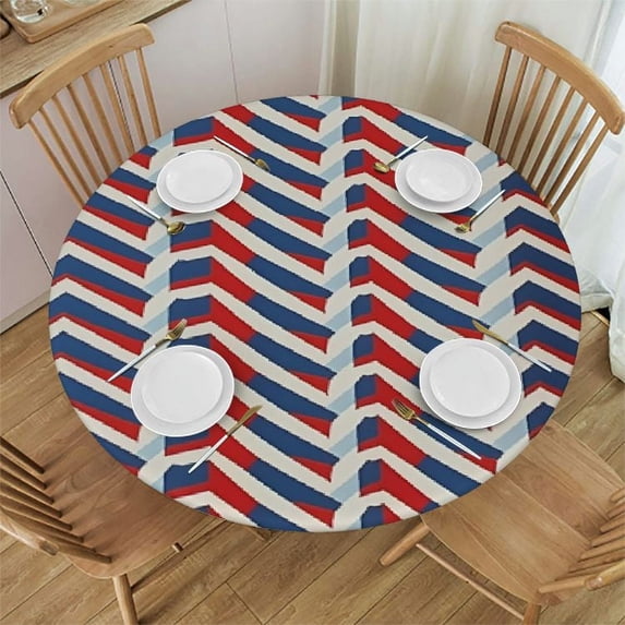 WYYP Round Edge Closing Tablecloth, Chevron Elastic Edged Tablecloth, Navy Colored Minimalist, Fit Round Tables, for Outdoor Indoor Use, Multicolor White