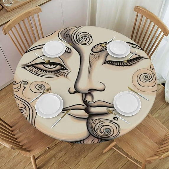 WYYP Round Edge Closing Tablecloth, Sketchy Elastic Edged Tablecloth, Sun and Moon Celestial Figures Mystical Art, Fit Round Tables, Buffet Table/Parties/Holiday Dinner, Tan Black White