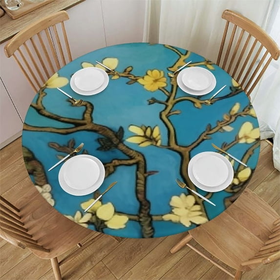 WYYP Round Fitted Tablecloth Art Blossom Flower Butterfly Oil Painting Floral Table Cloth with Elastic Edged Waterproof Wipeable Round Table Cover for Patio Parties Outdoor Decor White