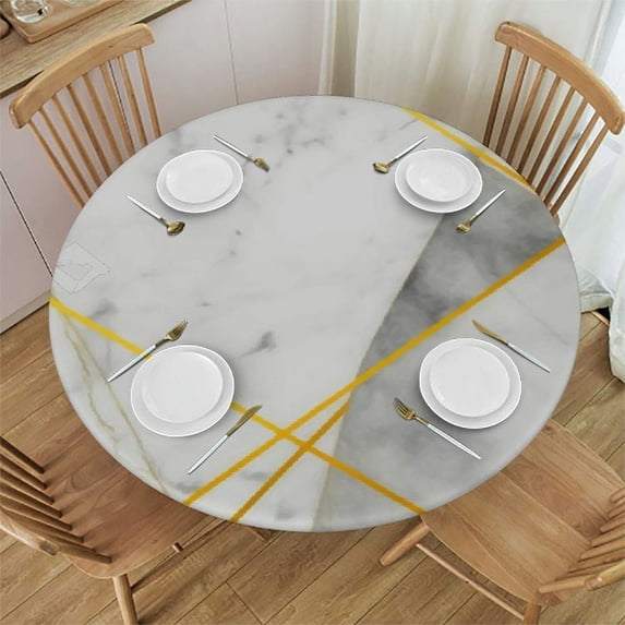 WYYP Round Fitted Tablecloth Geometric Marble Print Stripes Table Cloth with Elastic Edged Waterproof Wipeable Round Table Cover for Patio Parties Outdoor Decor White
