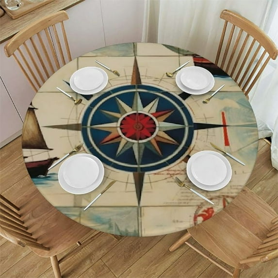 WYYP Round Fitted Tablecloth Retro Nautical Compass Sailboat Table Cloth with Elastic Edged Waterproof Wipeable Round Table Cover for Patio Parties Outdoor Decor White