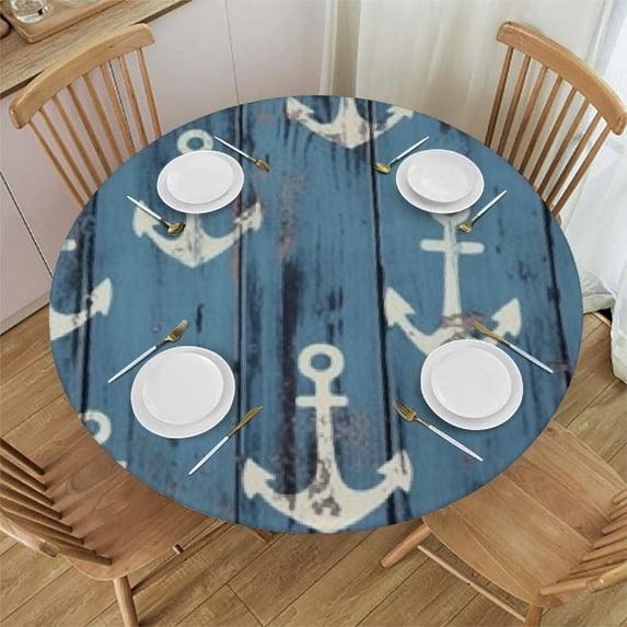 WYYP Round Fitted Tablecloth Wooden Anchor Nautical Theme Table Cloth with Elastic Edged Waterproof Wipeable Round Table Cover for Patio Parties Outdoor Decor White