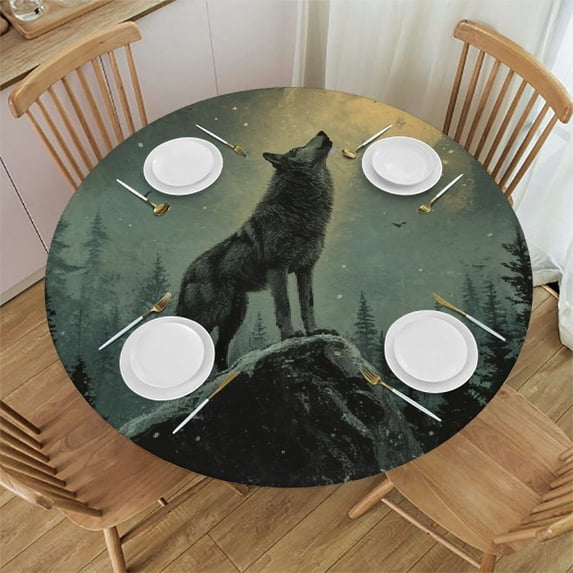 WYYP Round Table Cover 100% Polyester Fiber Waterproof - The Hungry Appearance of the Wolf Searching for Food, the Fierce Hunter White