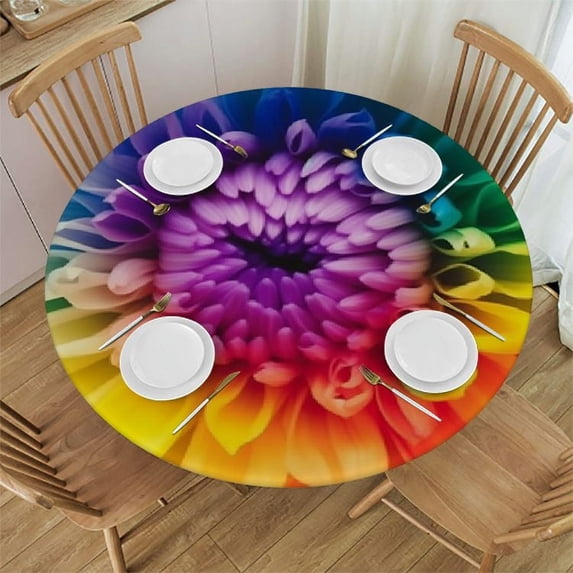WYYP Round Tablecloth Colorful Flower Fitted Elastic Waterproof Wipeable Table Cloth Cover Decorations Table Pad Cover for lndoor Outdoor-Medium White
