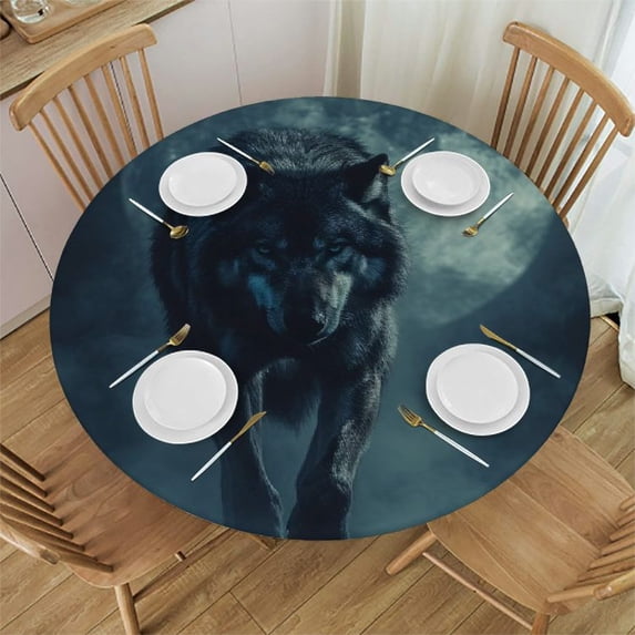 WYYP Round Tablecloth with Elastic Edge 100% Polyester Fiber Outdoor Fitted - The Hungry Appearance of the Wolf Searching for Food, The Fierce Hunter White