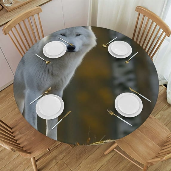 WYYP Round Tablecloth - The Hungry Appearance of the Wolf Searching for Food, The Fierce Hunter - Great for Home Kitchen/Parties/Holiday Dinner - 100% Polyester Fiber White