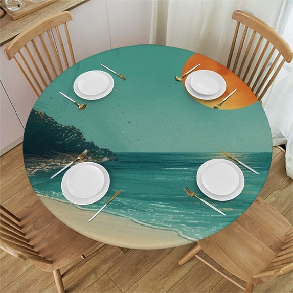 WYYP Round Tablecloth - The Sunny Beach and Joyful Scenery - Great for Home Kitchen/Parties/Holiday Dinner - 100% Polyester Fiber White