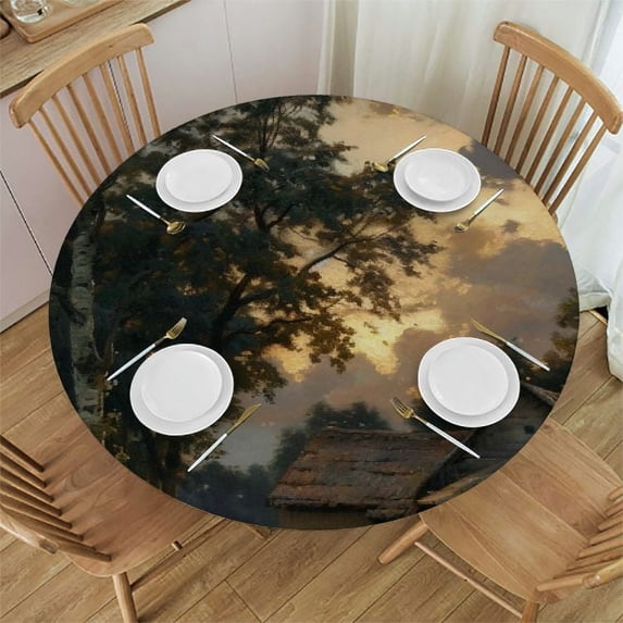 WYYP Round Tablecloth with Elastic Edge 100% Polyester Fiber Tablecloths White