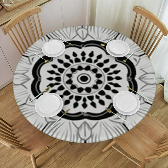 WYYP Round Waterproof Oil Resistant Table Cover Datura Flower Geometric Decoration Wipable Polyester Cloth Spring Summer Party Table Cover Abstract Black and White