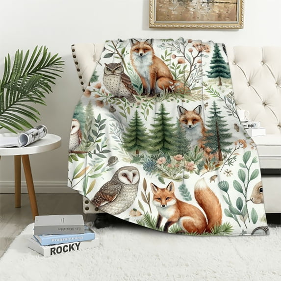WYYP Rustic Forest Flannel Blanket, Watercolor Woodland Animals Owl Hedgehog Fox Butterfly Forest Squirrel and Bear, Plush Bed Blanket White
