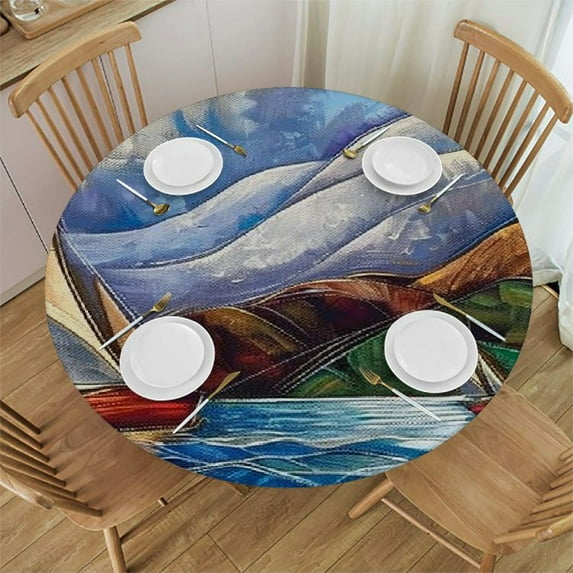WYYP Sailboat Ocean Mountains Round Tablecloth 100% Polyester Fiber for Picnic Dining Kitchen Farmhouse White