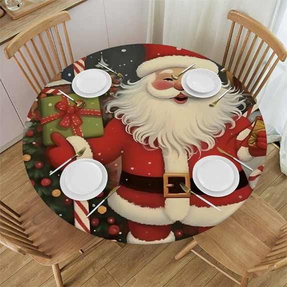 WYYP Santa Candy Cane Merry Christmas Round Tablecloth Full Width Single-Sided Printing 100% Polyester Fiber Great for Home Kitchen/Parties/Holiday Dinner White