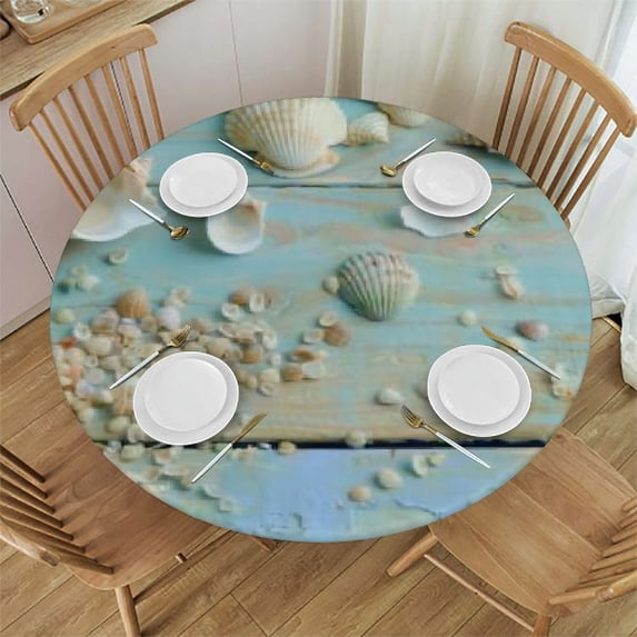 WYYP Seashell Round Tablecloth, Summer Ocean Starfish on Blue Wooden Board Print, Coastal Beach Sand Circular Table Cover 60 Inch for Dining Kitchen Outdoor Parties Decor 54-58
