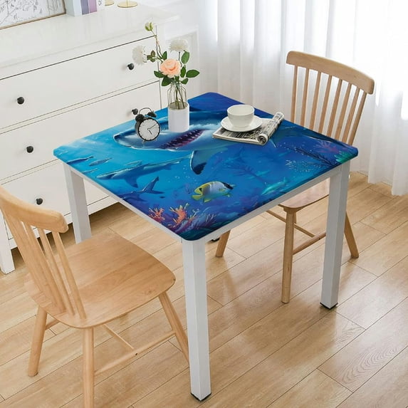 WYYP Shark Corals Fish Square Tablecloth for Picnic Dining Kitchen Farmhouse 100% Polyester Fiber 52*52