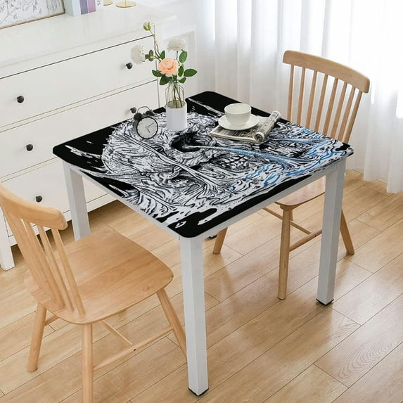 WYYP Skull Blue Line Detailed Drawing Square Tablecloth 100% Polyester Fiber 52*52