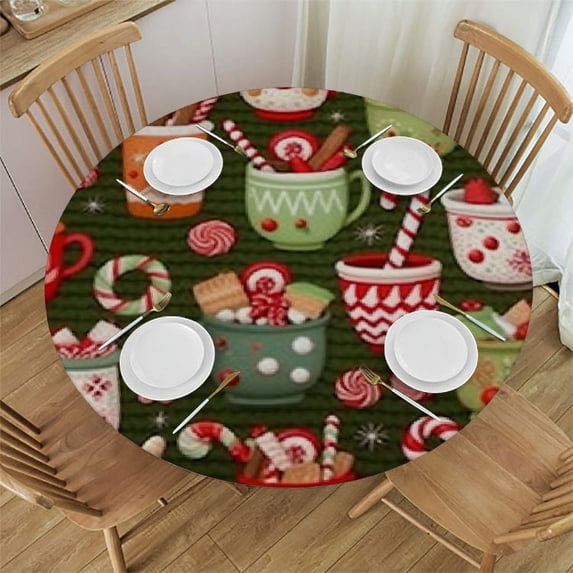WYYP Small Round Tablecloth, Christmas Elastic Edge Design Dacron tablecloth, Holiday home mug decor for friendly and festive, Fits Round Table Diameter, For Dining Room
