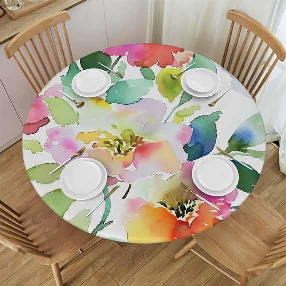 WYYP Spring Colorful Floral Seasonal Decorative Round Tablecloth White