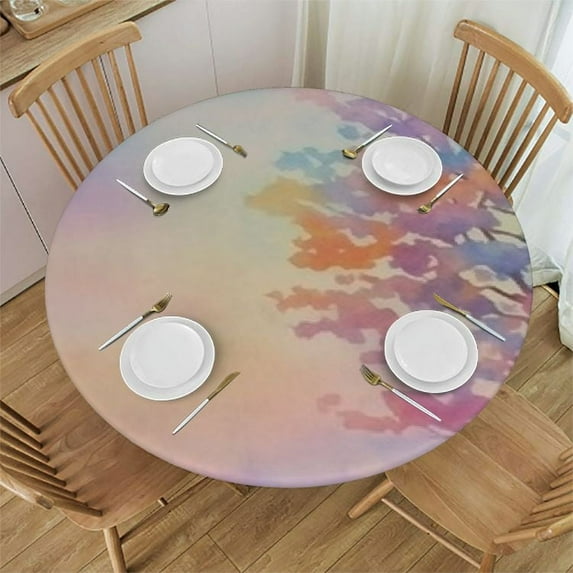 WYYP Spring Round Tablecloth with Elastic Edged, Waterproof Fitted Table Cloth for Easter Holiday Parties, Watercolor Cherry Blossom Fabric Tablecloths , Fits Tables up to Diameter White