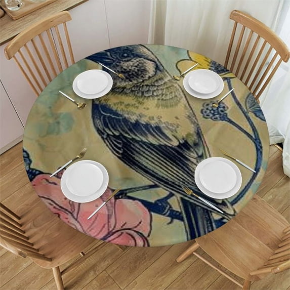WYYP Spring Round Tablecloth, Flourishing Nature Theme Hand Drawn Small Bird Butterfly and Blooming Flower Pattern, Circle Table Cloth Cover for Dining Room Kitchen Decoration, 38-42