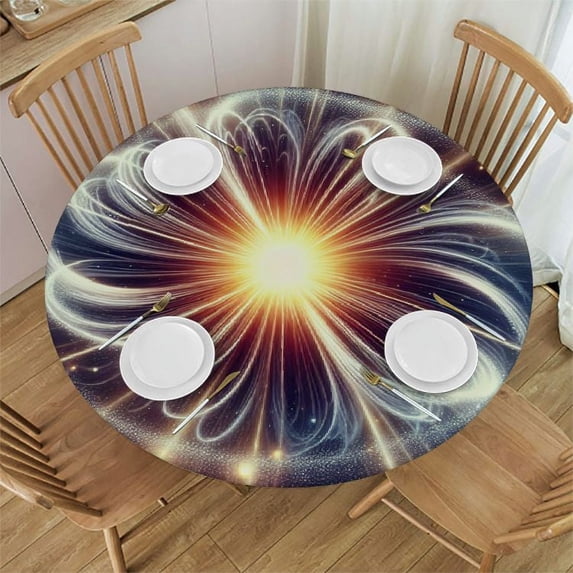 WYYP Starburst Round Tablecloth Waterproof Resistant Fabric 100% Polyester Fiber with Elastic Edge White