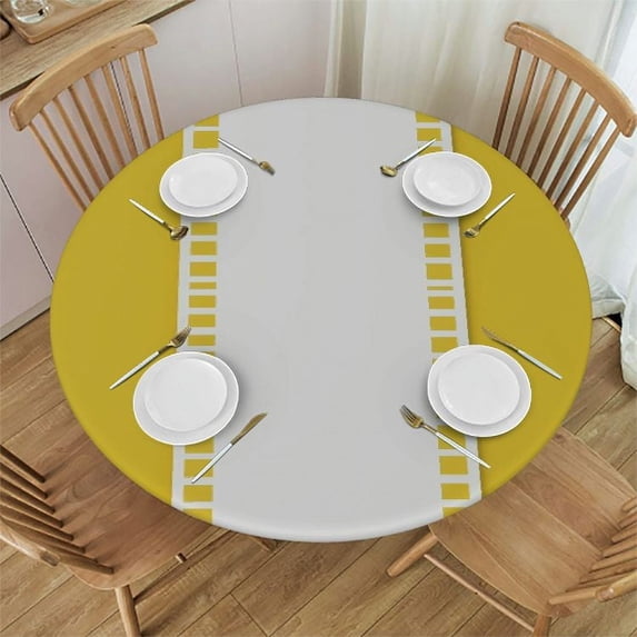 WYYP Stripe Elastic Round Tablecloth Yellow Stripe Texture Fitted Tablecloths for Round Table Oil-Proof Waterproof Table Cloth White
