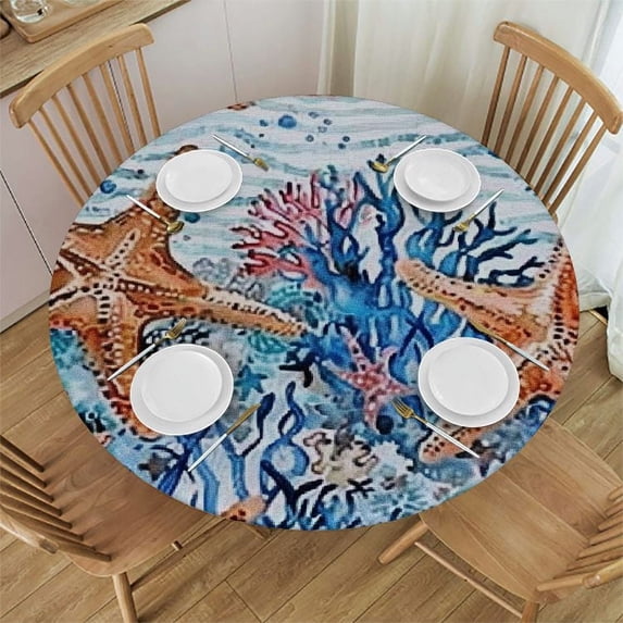 WYYP Summer Sea Starfish Conch Coral Round Tablecloth Coastal Ocean Wave Stripes Decorative Table Cloth Nautical Dining Table Cover, Seasonal Beach Dinner Party Picnic Decoration 54-58