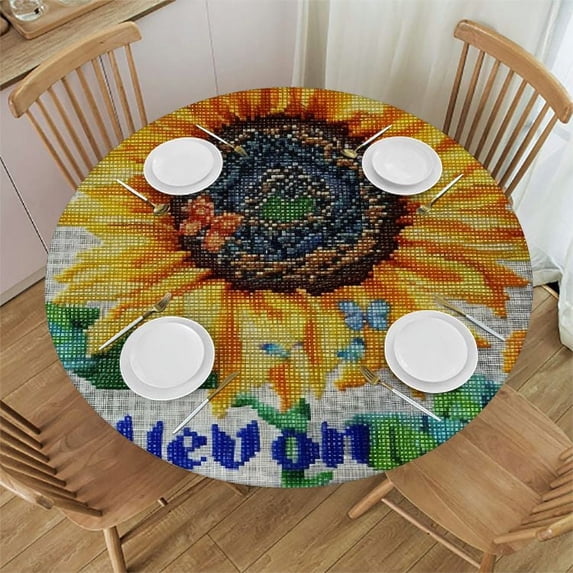 WYYP Sunflower Round Tablecloth Outdoor Fitted 100% Polyester Fiber Tablecloth Sunflower White