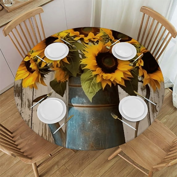 WYYP Sunflowers Round Tablecloth with Elastic Edge 100% Polyester Fiber Great for Home Kitchen/Parties/Holiday Dinner White