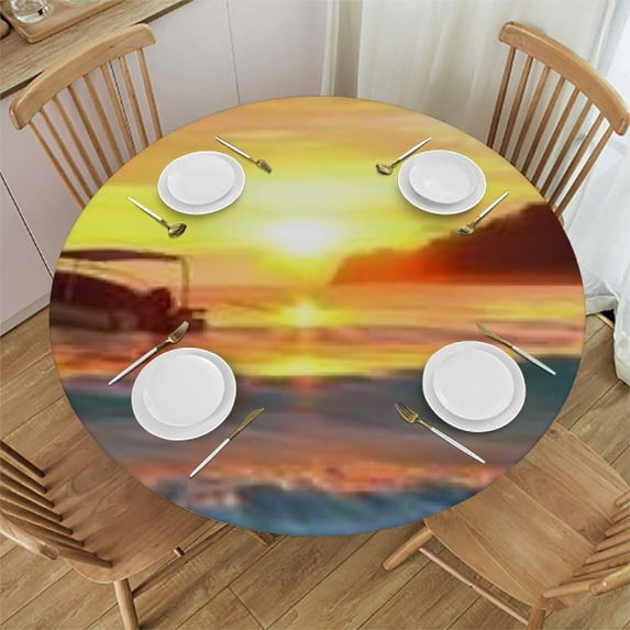 WYYP Sunset Palm Tree Round Tablecloth Waterproof Resistant Fabric 100% Polyester Fiber for Picnic Dining Kitchen Farmhouse White