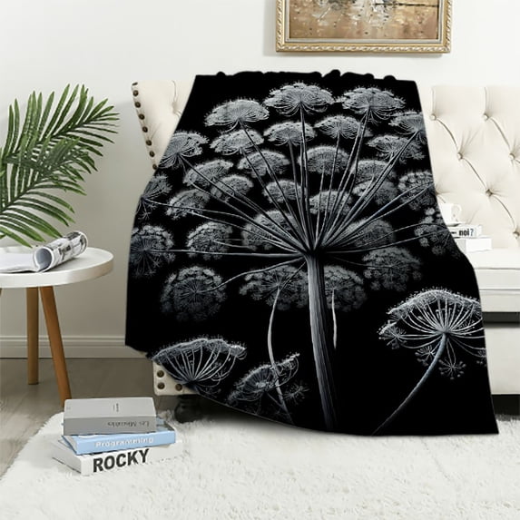 WYYP Super Soft Flannel Bed Blanket Black Grey and White Plant Floral Print White