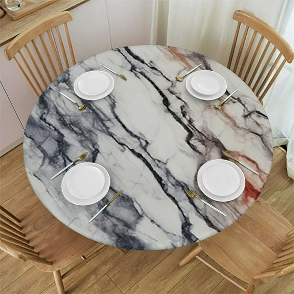 WYYP Table Cloth, Fitted Round Tablecloth with Flannel Backing and Elastic Edge, Waterproof Table Protector for Dining Room Table White